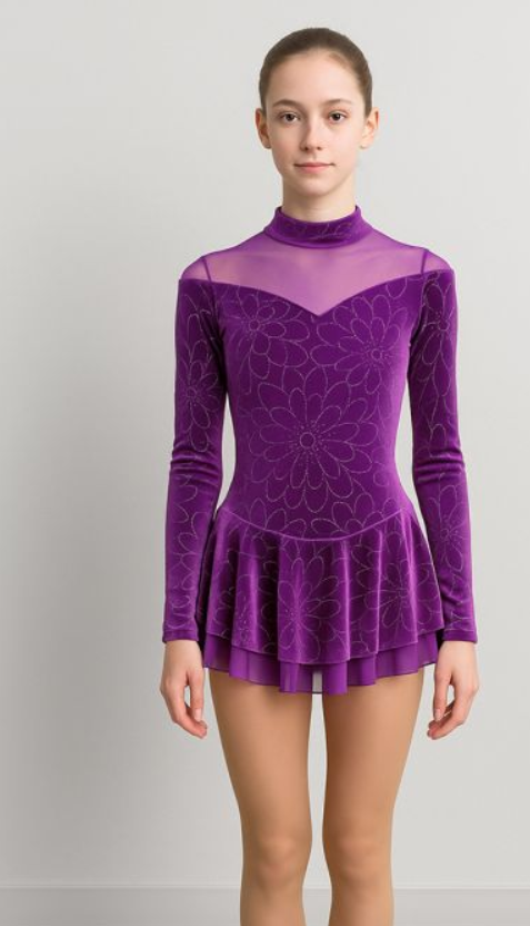 Langarm Kürkleid mit Glitzer-Blumen - Samt-Dress