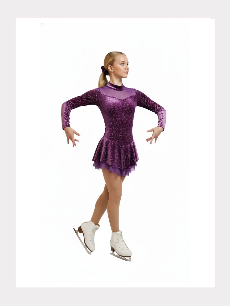 Langarm Kürkleid mit Glitzer-Blumen - Samt-Dress