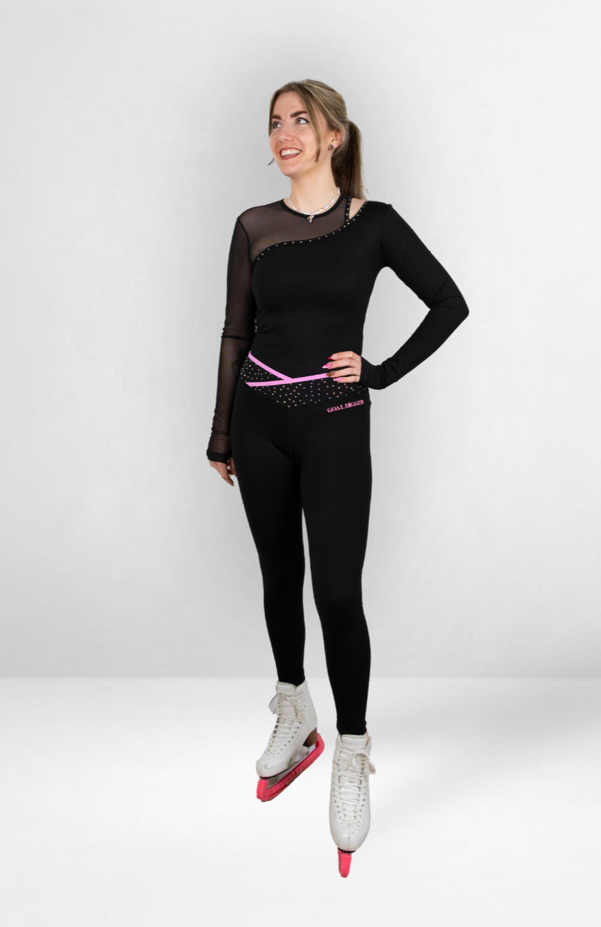 Elegantes Asymmetrisches Mesh Langarm Top für Eiskunstlauf Performance Schwarz Glitzernd
