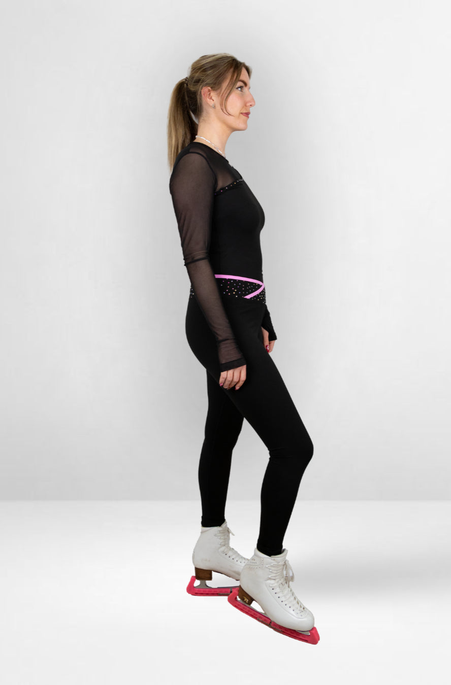 Elegantes Asymmetrisches Mesh Langarm Top für Eiskunstlauf Performance Schwarz Glitzernd