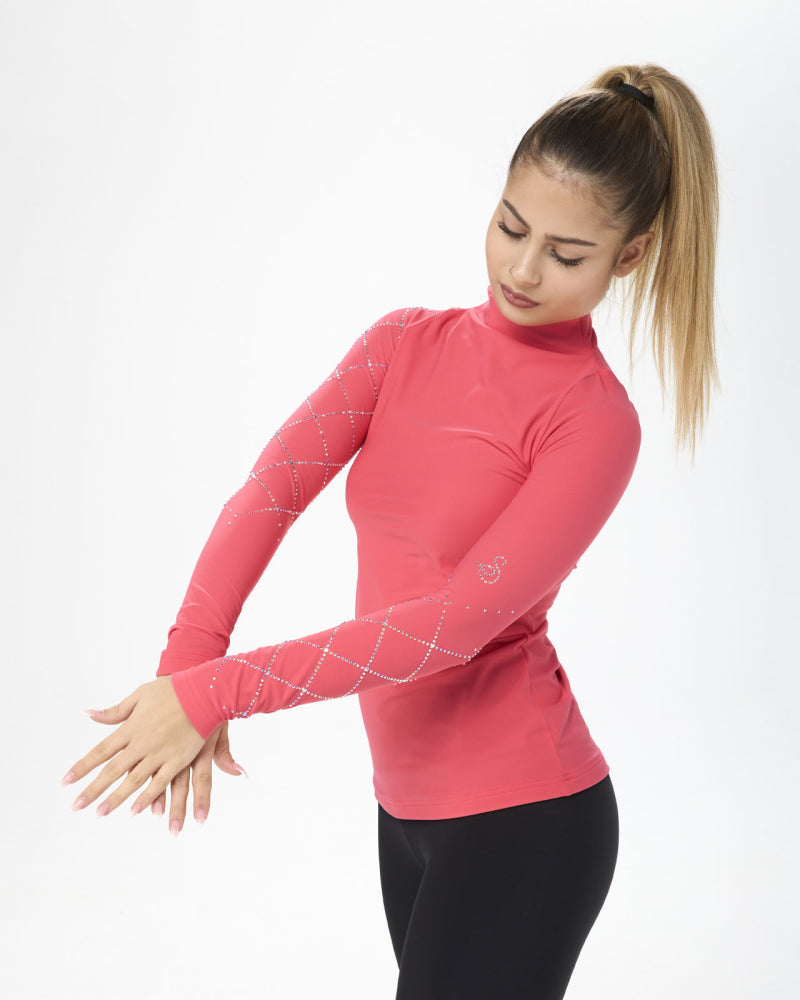 Sagester Damen Mikrofaser Langarmshirt mit Rauten-Kristallmuster für Eiskunstlauf