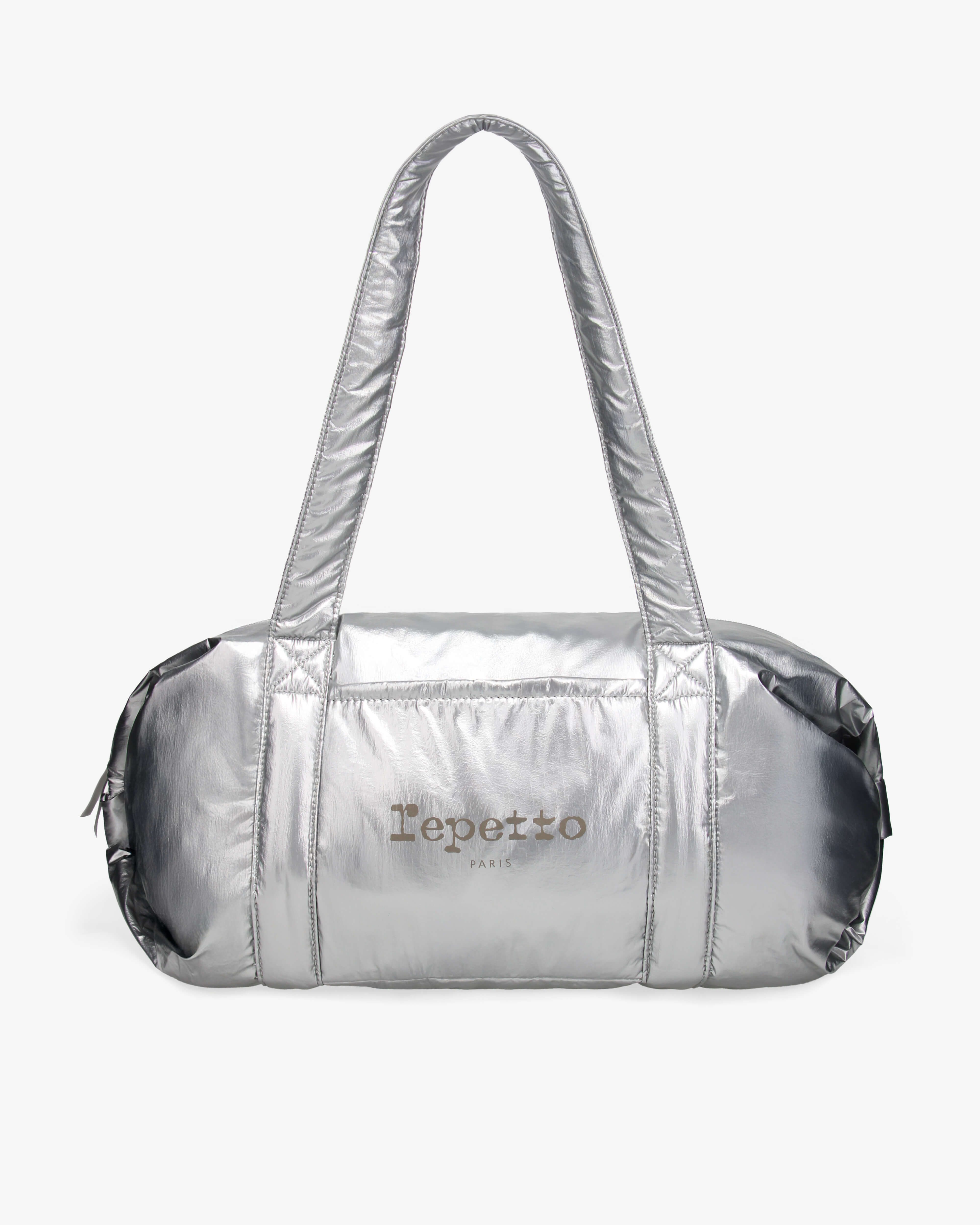 Große gestempelte Nylon-Schultertasche mit Reißverschluss in Silber Repetto
