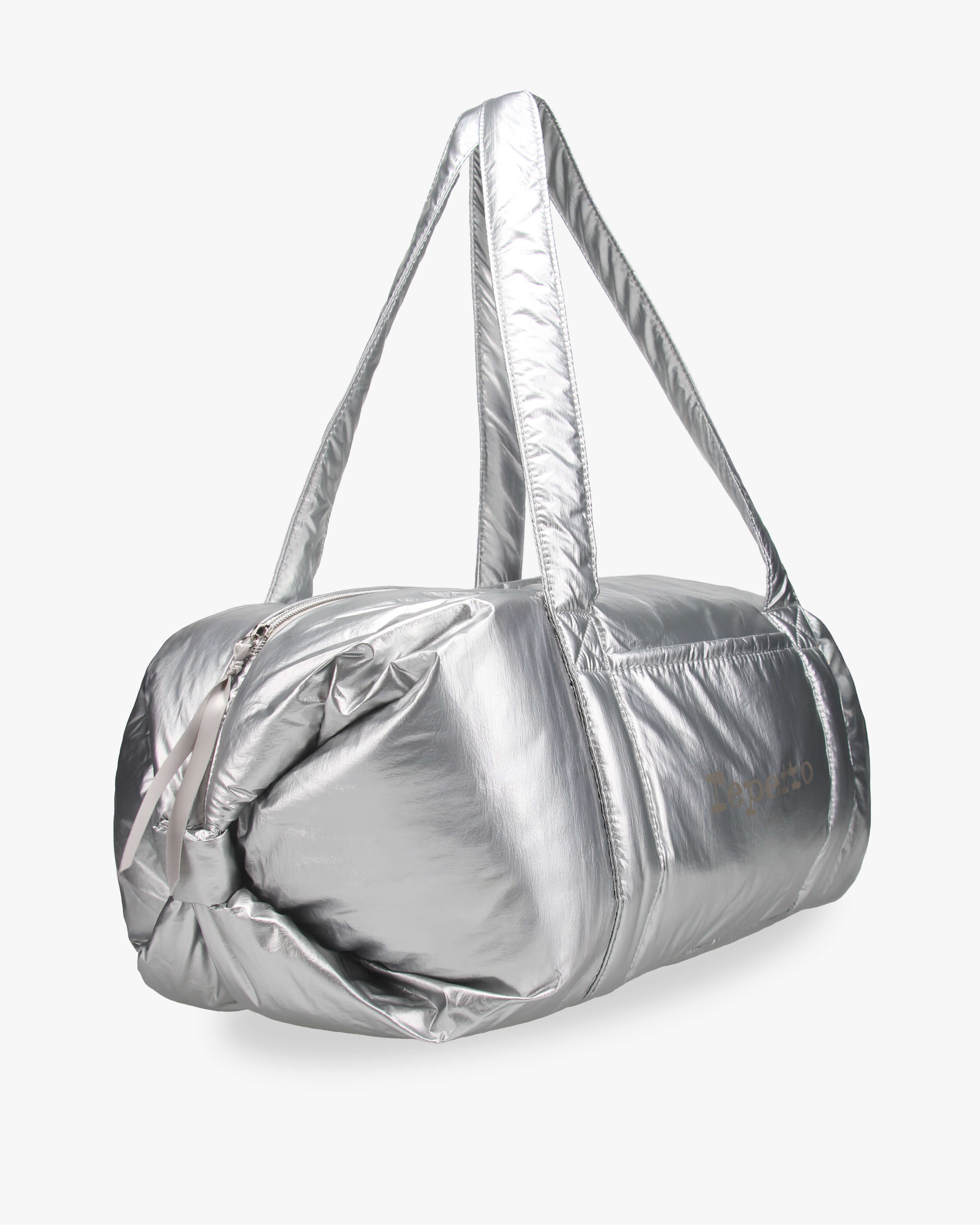 Große gestempelte Nylon-Schultertasche mit Reißverschluss in Silber Repetto