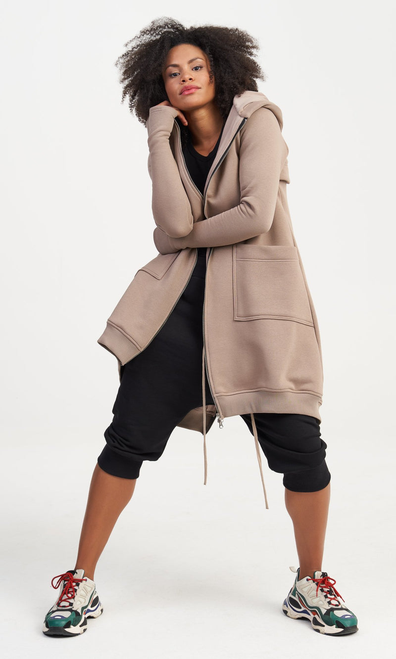Lange Baumwoll Fleece-Kapuzenjacke