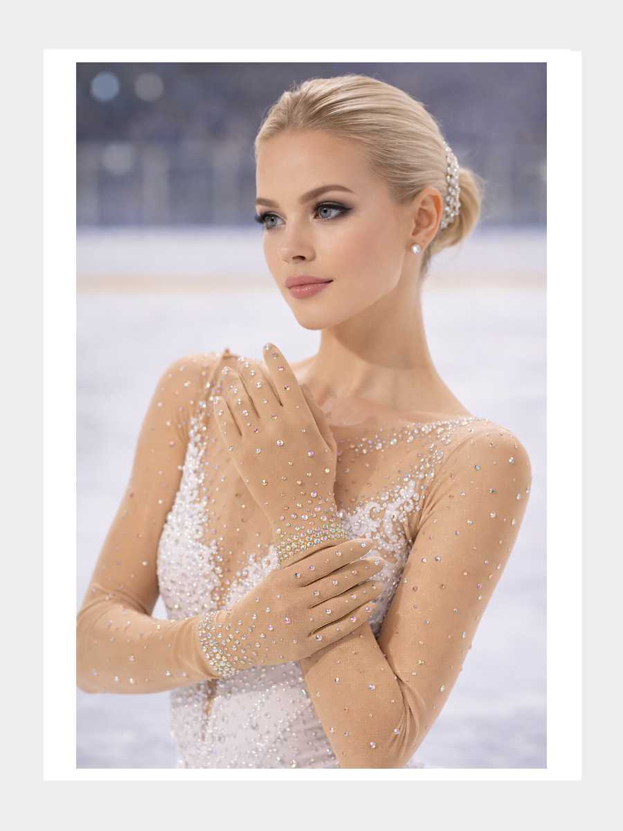 Sports Eiskunstlauf Wettbewerbshandschuhe Beige mit Strassbesatz