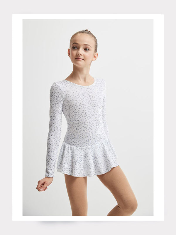 Eiskunstlauf Langarm Samtkleid in Weiss Glitzermotiv Frost
